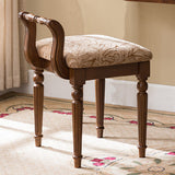 Classic Vintage Solid Wood Vanity Stool – Square Padded Seat with Patterned Upholstery and Low Back for the Bedroom