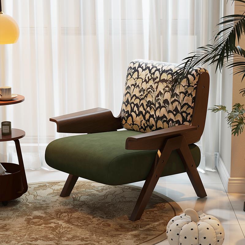Traditional French-Style Square Fabric Accent Chair with Solid Rubberwood Frame and Armrests for Living Room