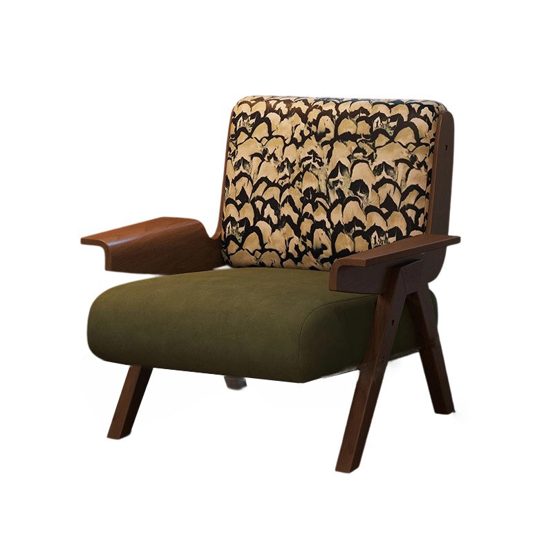 Traditional French-Style Square Fabric Accent Chair with Solid Rubberwood Frame and Armrests for Living Room