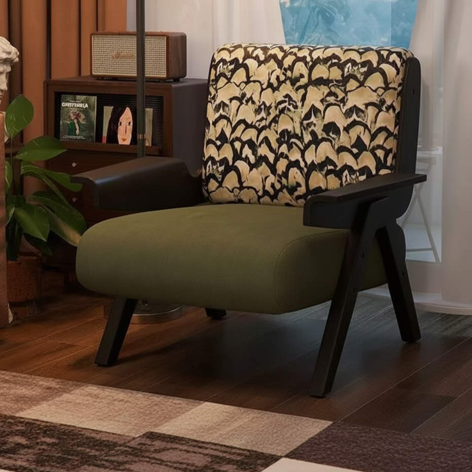 Traditional French-Style Square Fabric Accent Chair with Solid Rubberwood Frame and Armrests for Living Room