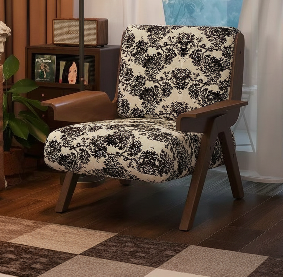 Traditional French-Style Square Fabric Accent Chair with Solid Rubberwood Frame and Armrests for Living Room