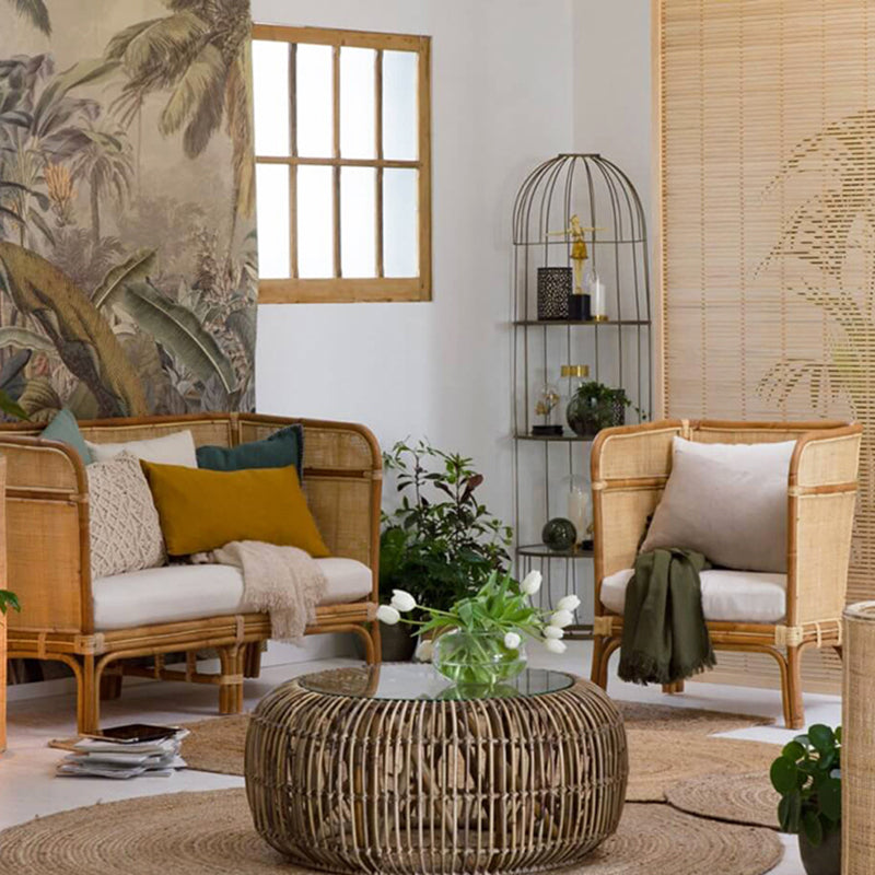 Traditional Chinese-Style Backrest Armchair Sofa – Handwoven Natural Indonesian Rattan, Waterproof Cushions, Zen-Style Living Room Chair