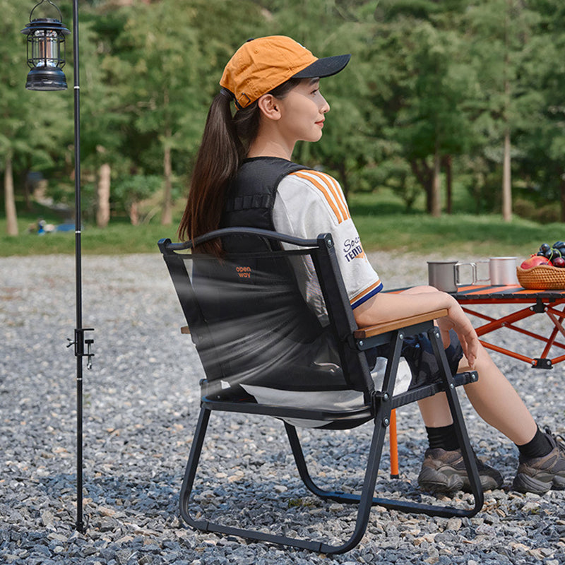 Modern Minimalist Foldable Camping Chair with Square Carbon Steel Frame, Nylon Seat, Beech Wood Backrest and Armrests for Outdoor Use