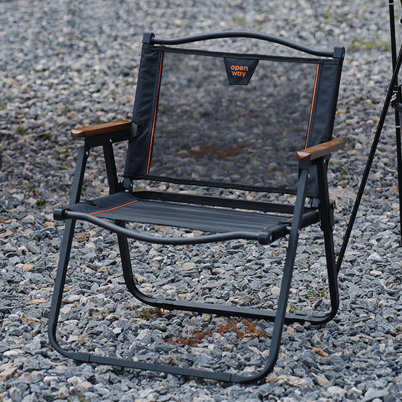 Modern Minimalist Foldable Camping Chair with Square Carbon Steel Frame, Nylon Seat, Beech Wood Backrest and Armrests for Outdoor Use