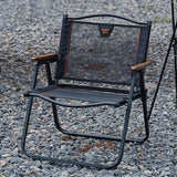 Modern Minimalist Foldable Camping Chair with Square Carbon Steel Frame, Nylon Seat, Beech Wood Backrest and Armrests for Outdoor Use