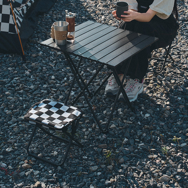 Modern Minimalist Rectangular Folding Stool with Carbon Steel Frame, Oxford Fabric Seat and Backrest — Striped or Plaid, Outdoor Use