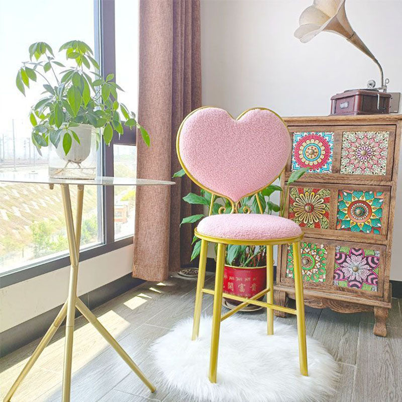 Heart-Shaped Plush Teddy Fur Vanity Stool with Velvet Upholstery and Metal Frame, Foam-Cushioned Backrest — Modern Minimalist Bedroom Chair