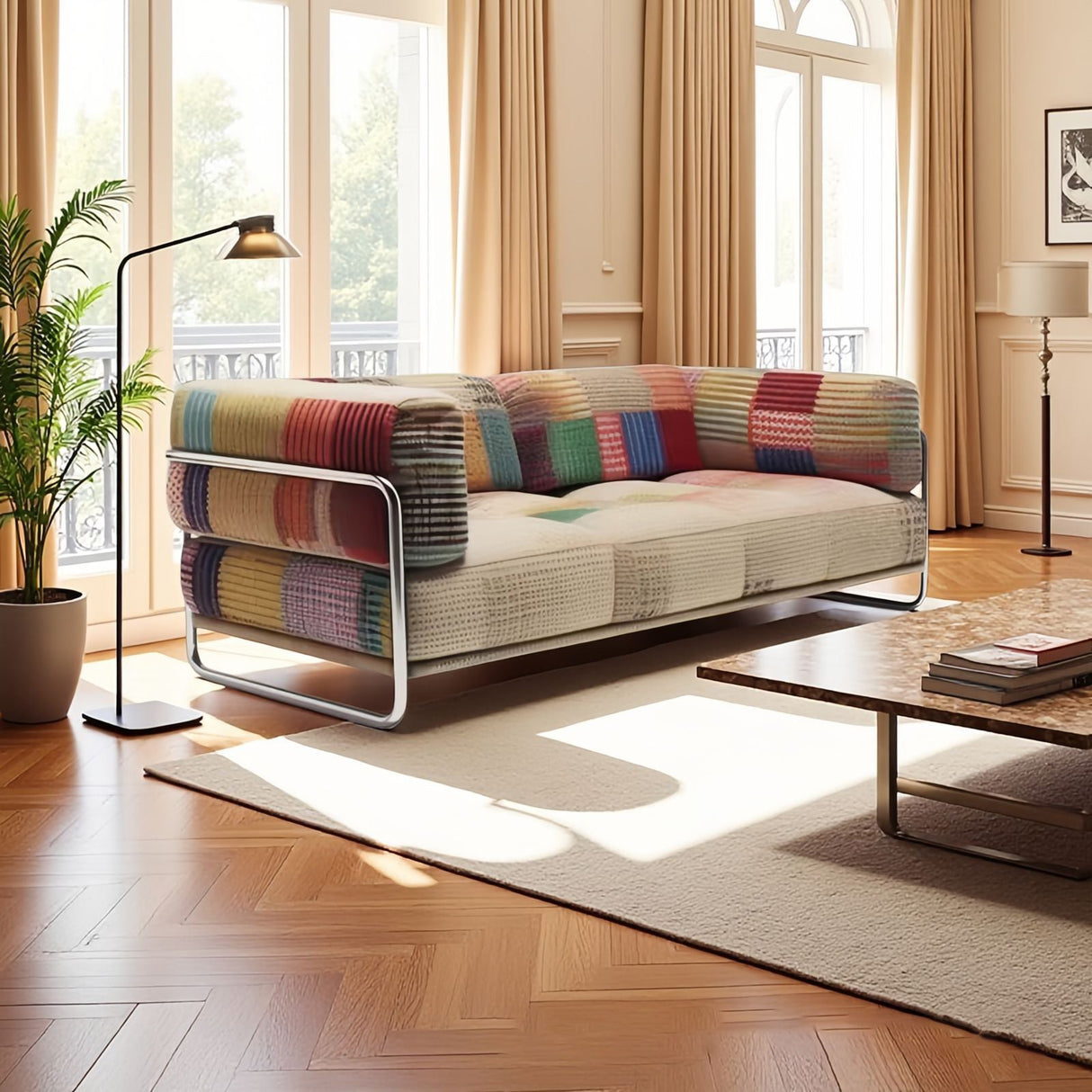 Modern Minimalist Rectangular Cushion with Cat-Scratch-Resistant Leather-Grain Velvet Velour Fabric, Stainless Steel Frame, and Sponge-Padded Backrest & Armrest for Living Room