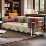 Modern Minimalist Rectangular Cushion with Cat-Scratch-Resistant Leather-Grain Velvet Velour Fabric, Stainless Steel Frame, and Sponge-Padded Backrest & Armrest for Living Room