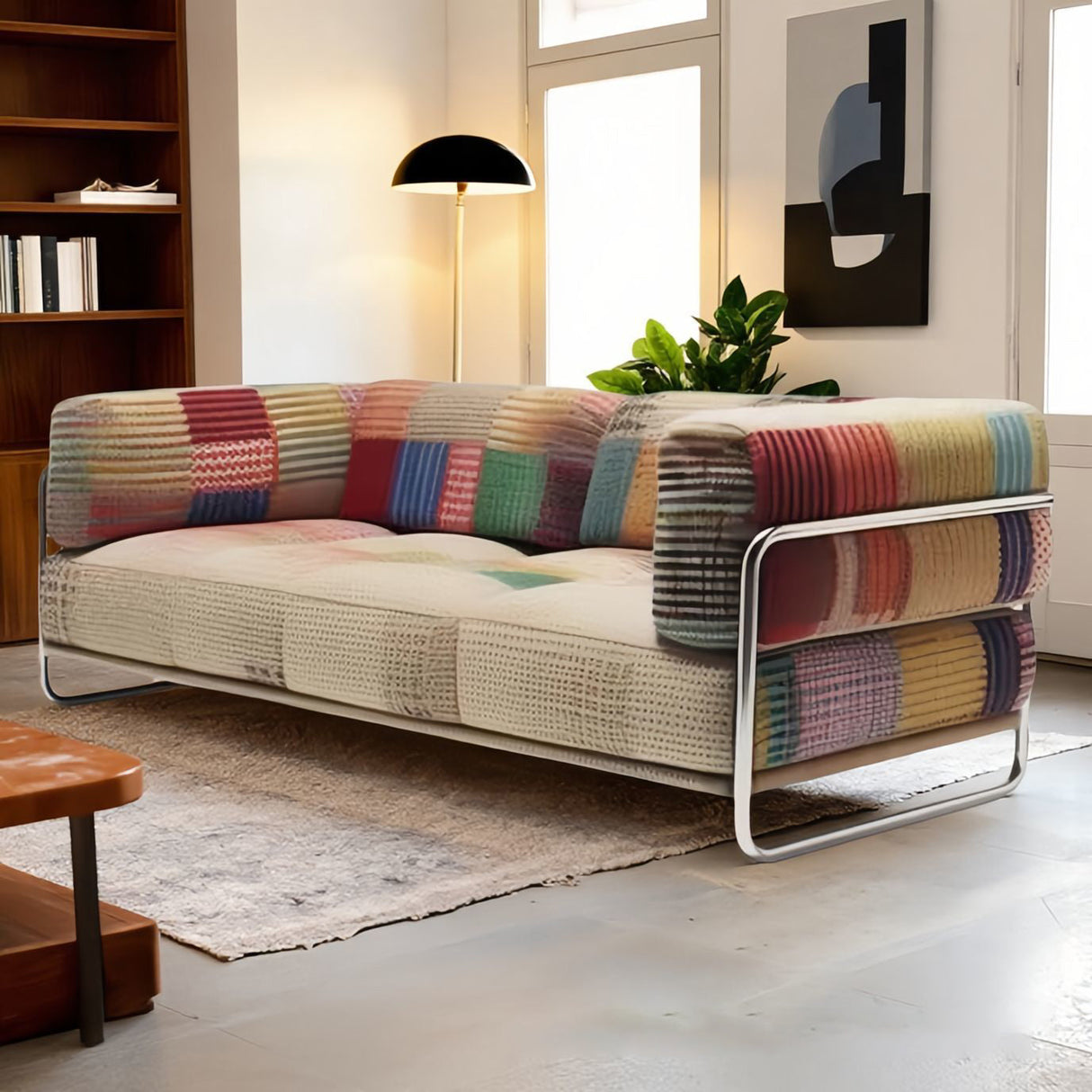 Modern Minimalist Rectangular Cushion with Cat-Scratch-Resistant Leather-Grain Velvet Velour Fabric, Stainless Steel Frame, and Sponge-Padded Backrest & Armrest for Living Room