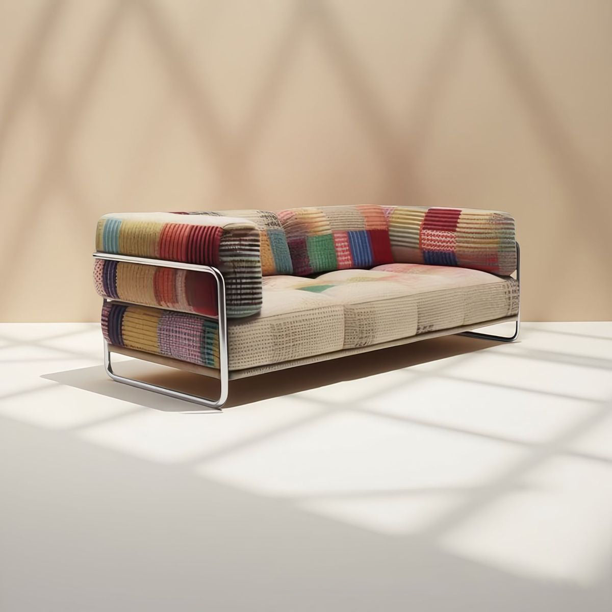 Modern Minimalist Rectangular Cushion with Cat-Scratch-Resistant Leather-Grain Velvet Velour Fabric, Stainless Steel Frame, and Sponge-Padded Backrest & Armrest for Living Room
