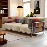 Modern Minimalist Rectangular Cushion with Cat-Scratch-Resistant Leather-Grain Velvet Velour Fabric, Stainless Steel Frame, and Sponge-Padded Backrest & Armrest for Living Room
