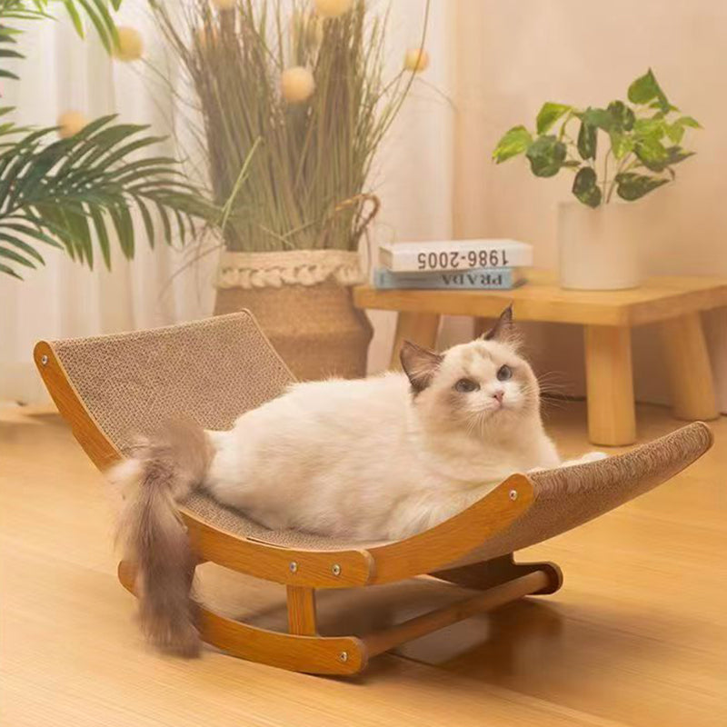 Modern Minimalist Curved Wooden Board Cat Rocking Chair with Corrugated Paper Accents for Living Room