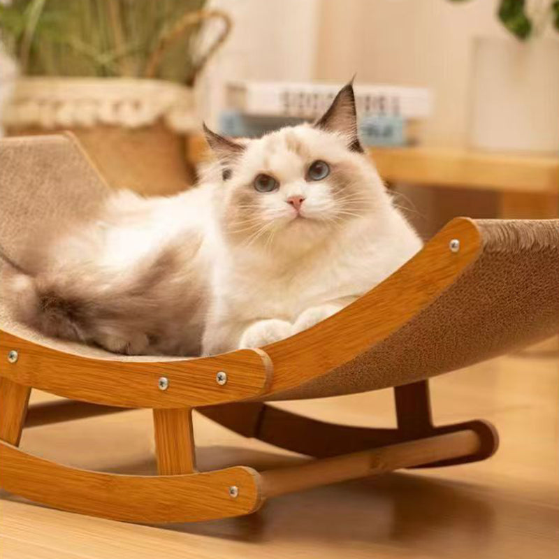 Modern Minimalist Curved Wooden Board Cat Rocking Chair with Corrugated Paper Accents for Living Room