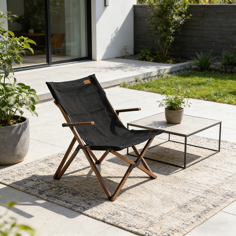 Modern Minimalist Curved Solid Wood Recliner with Fabric Backrest and Foldable Armrests for Garden