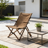 Modern Minimalist Curved Solid Wood Recliner with Fabric Backrest and Foldable Armrests for Garden
