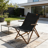 Modern Minimalist Curved Solid Wood Recliner with Fabric Backrest and Foldable Armrests for Garden