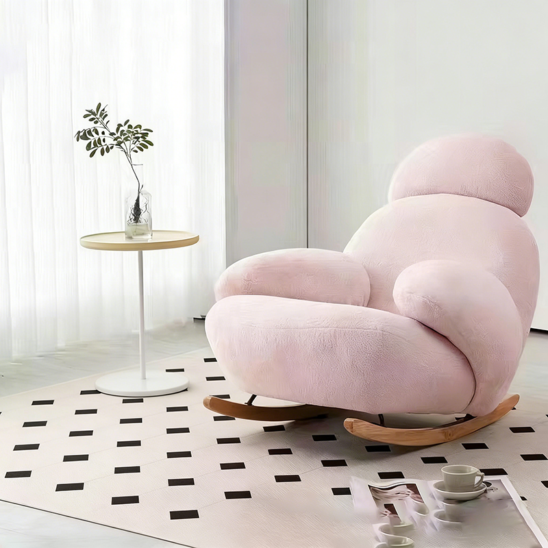 Modern Minimalist Curved Rocking Chair with Faux Rabbit Fur Upholstery, Down-Filled Cushions, Silk-Cotton Fabric, and Solid Wood Frame – Living Room