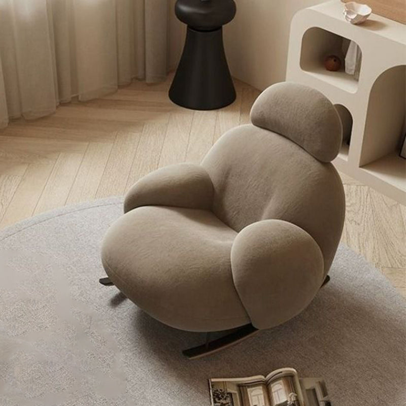 Modern Minimalist Curved Rocking Chair with Faux Rabbit Fur Upholstery, Down-Filled Cushions, Silk-Cotton Fabric, and Solid Wood Frame – Living Room