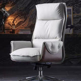 Modern Luxury Genuine Leather Desk Chair with Wood & Aluminum Frame, Rectangular Back, Footrest and Wheels - Ideal for Study and Home Office