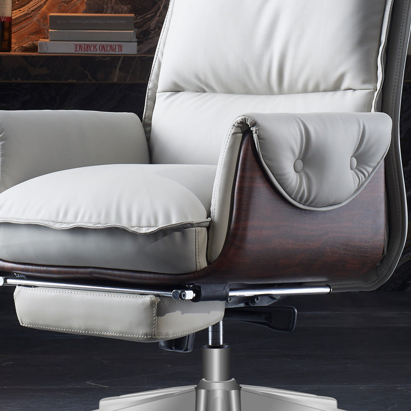 Modern Luxury Genuine Leather Desk Chair with Wood & Aluminum Frame, Rectangular Back, Footrest and Wheels - Ideal for Study and Home Office