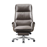 Modern Luxury Genuine Leather Desk Chair with Wood & Aluminum Frame, Rectangular Back, Footrest and Wheels - Ideal for Study and Home Office