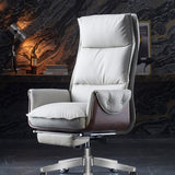 Modern Luxury Genuine Leather Desk Chair with Wood & Aluminum Frame, Rectangular Back, Footrest and Wheels - Ideal for Study and Home Office