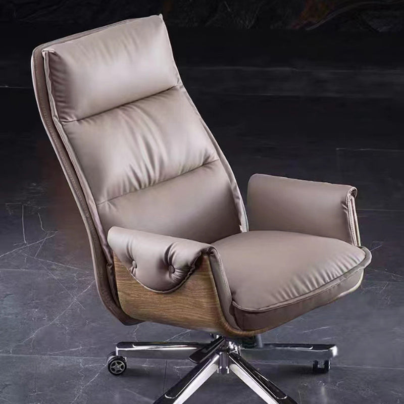 Modern Luxury Genuine Leather Desk Chair with Wood & Aluminum Frame, Rectangular Back, Footrest and Wheels - Ideal for Study and Home Office