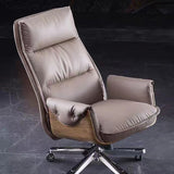 Modern Luxury Genuine Leather Desk Chair with Wood & Aluminum Frame, Rectangular Back, Footrest and Wheels - Ideal for Study and Home Office