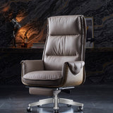 Modern Luxury Genuine Leather Desk Chair with Wood & Aluminum Frame, Rectangular Back, Footrest and Wheels - Ideal for Study and Home Office