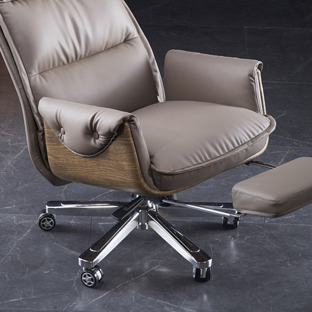 Modern Luxury Genuine Leather Desk Chair with Wood & Aluminum Frame, Rectangular Back, Footrest and Wheels - Ideal for Study and Home Office