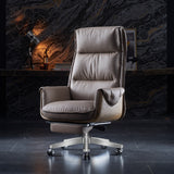 Modern Luxury Genuine Leather Desk Chair with Wood & Aluminum Frame, Rectangular Back, Footrest and Wheels - Ideal for Study and Home Office