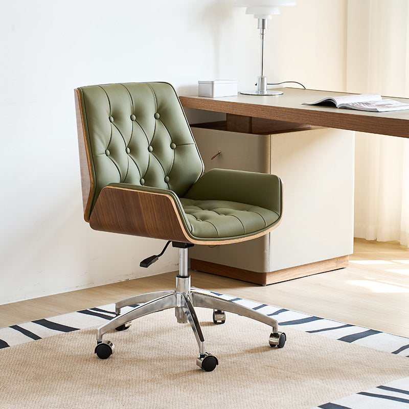Nordic Contemporary Swivel Desk Chair with Microfiber and Genuine Leather Upholstery, Wood and Steel Square Frame, Armrests and Backrest for Home Office or Study