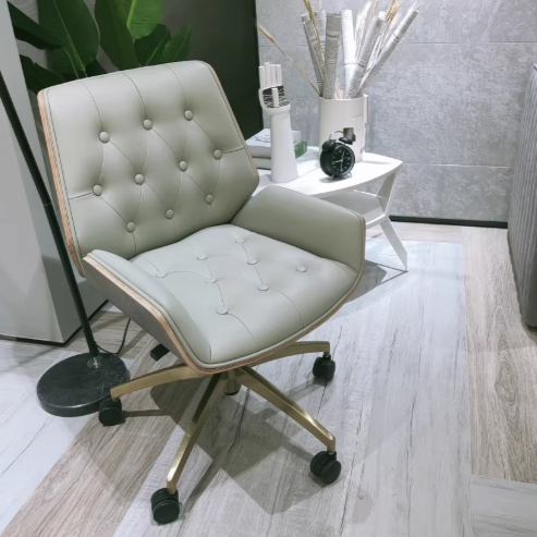 Nordic Contemporary Swivel Desk Chair with Microfiber and Genuine Leather Upholstery, Wood and Steel Square Frame, Armrests and Backrest for Home Office or Study