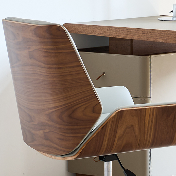 Nordic Contemporary Swivel Desk Chair with Microfiber and Genuine Leather Upholstery, Wood and Steel Square Frame, Armrests and Backrest for Home Office or Study