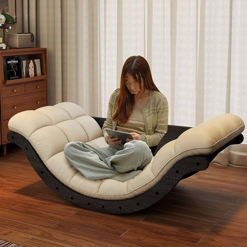 Contemporary Nordic Moon Boat Rocking Chair with Wood Frame — Faux Leather and Cotton-Linen Upholstery, Backrest Recliner for Living Room & Bedroom