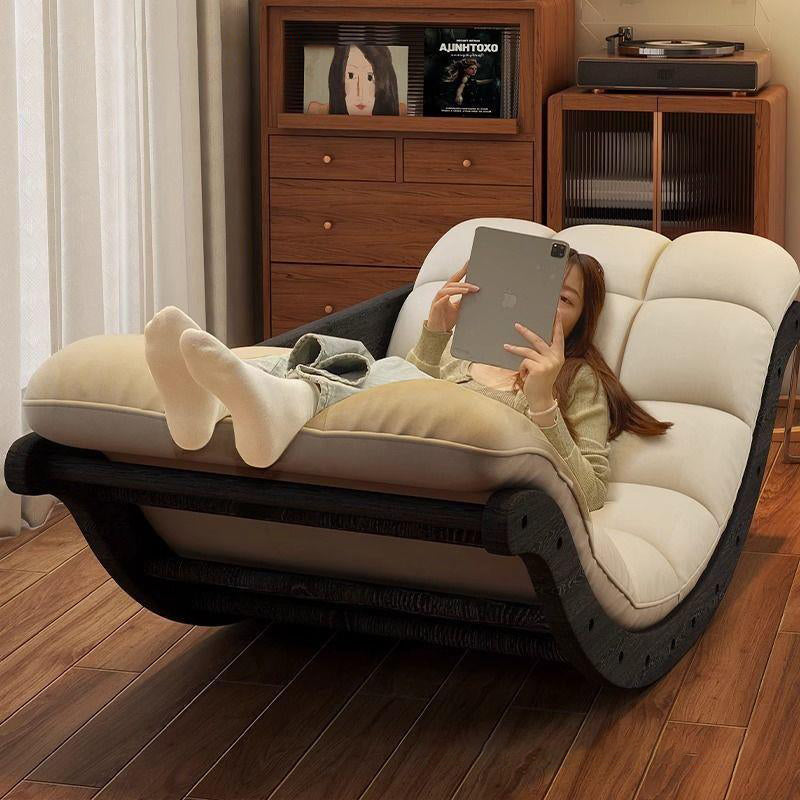 Contemporary Nordic Moon Boat Rocking Chair with Wood Frame — Faux Leather and Cotton-Linen Upholstery, Backrest Recliner for Living Room & Bedroom