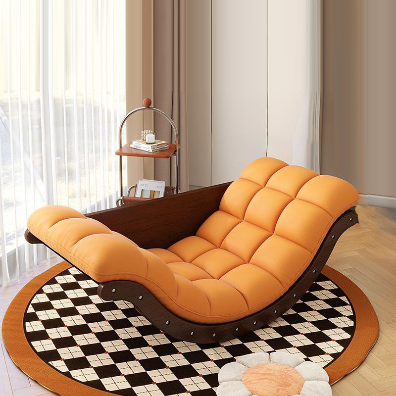 Contemporary Nordic Moon Boat Rocking Chair with Wood Frame — Faux Leather and Cotton-Linen Upholstery, Backrest Recliner for Living Room & Bedroom