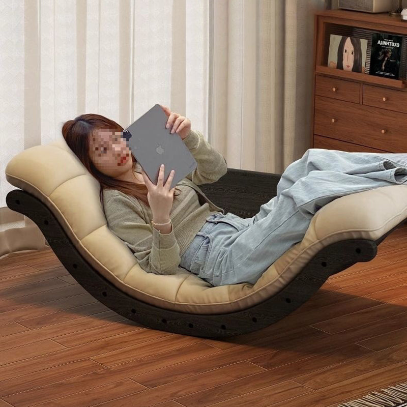 Contemporary Nordic Moon Boat Rocking Chair with Wood Frame — Faux Leather and Cotton-Linen Upholstery, Backrest Recliner for Living Room & Bedroom