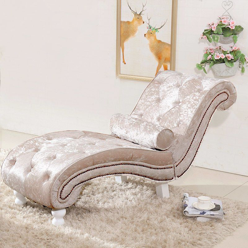 Luxurious European-Style Velvet and Leather Curved Chaise Lounge Recliner with Wooden Frame and Backrest – Perfect for Living Room or Bedroom