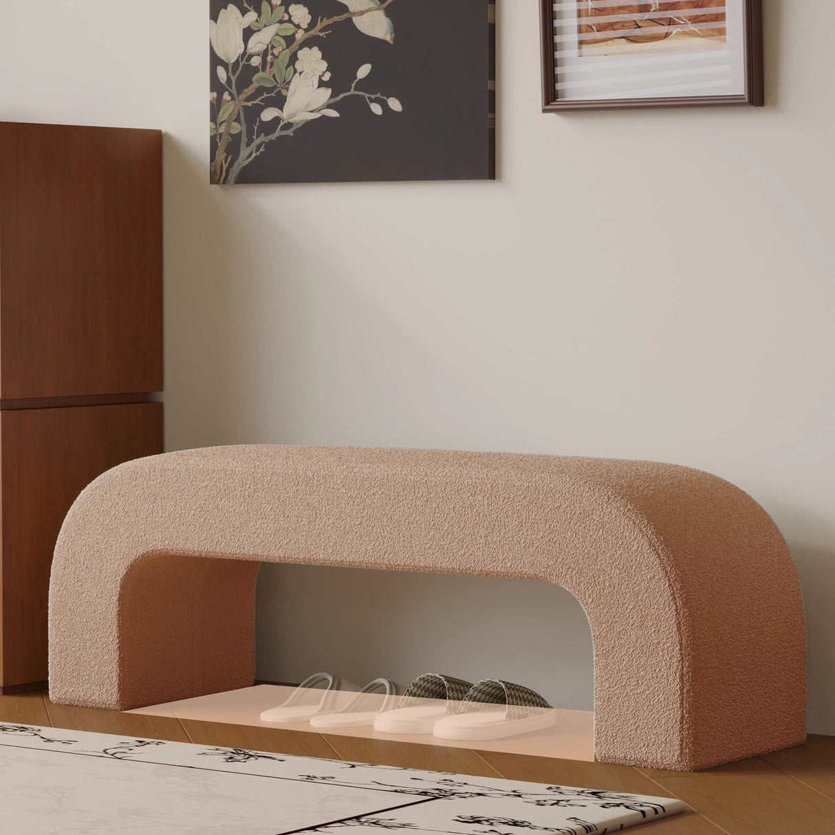 Sleek Modern Minimalist Wood, Lambswool & PU Leather Rectangular Bench for Entryway & Living Room
