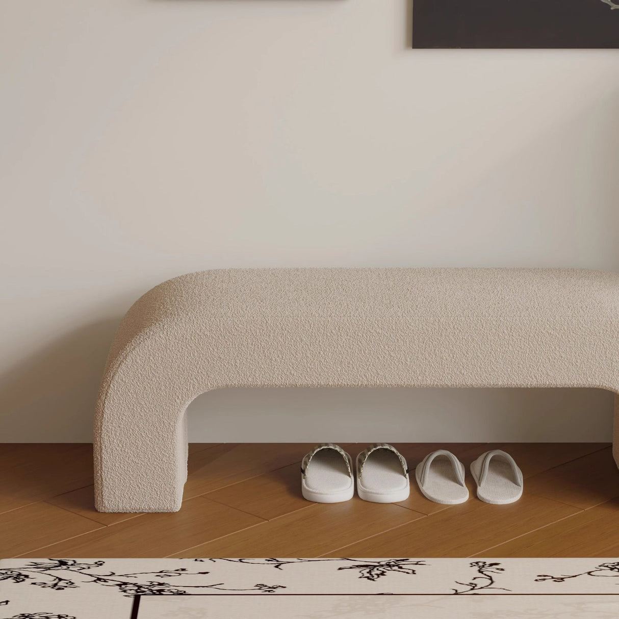 Sleek Modern Minimalist Wood, Lambswool & PU Leather Rectangular Bench for Entryway & Living Room