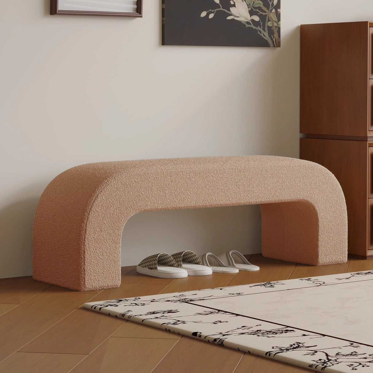 Sleek Modern Minimalist Wood, Lambswool & PU Leather Rectangular Bench for Entryway & Living Room