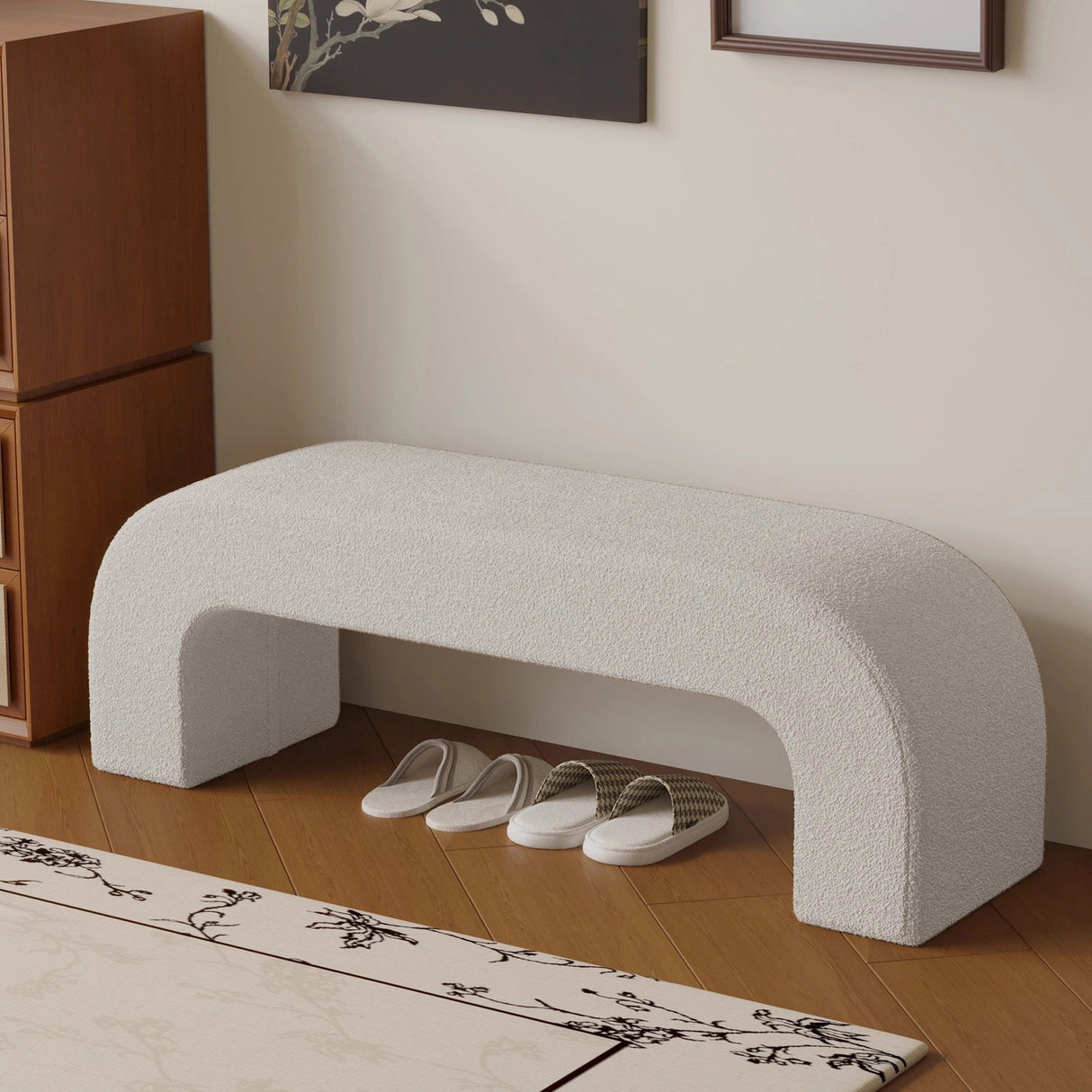 Sleek Modern Minimalist Wood, Lambswool & PU Leather Rectangular Bench for Entryway & Living Room