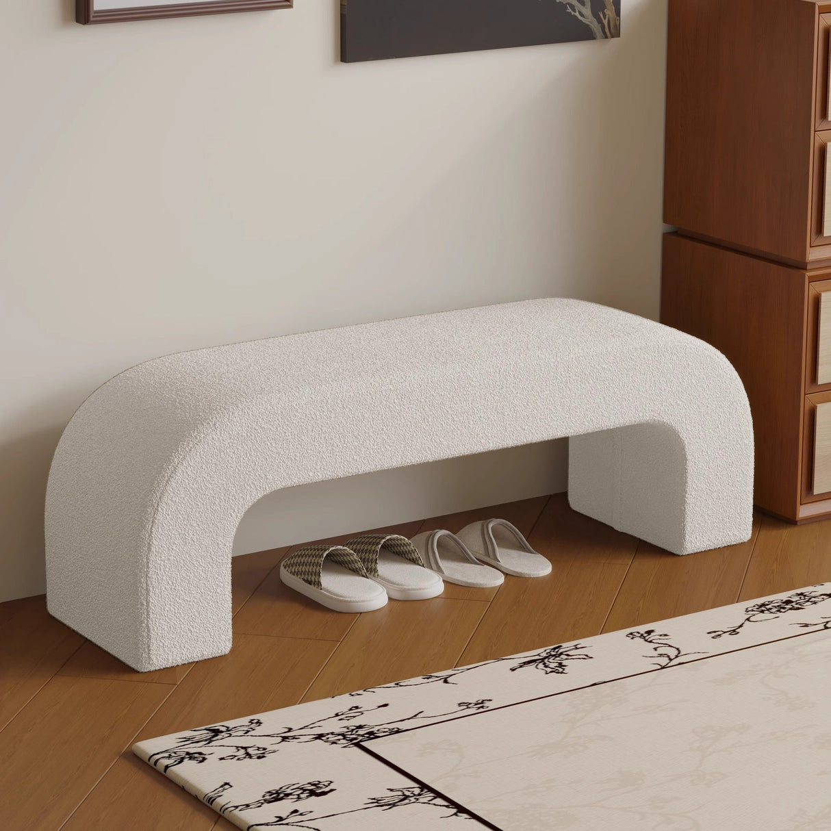 Sleek Modern Minimalist Wood, Lambswool & PU Leather Rectangular Bench for Entryway & Living Room