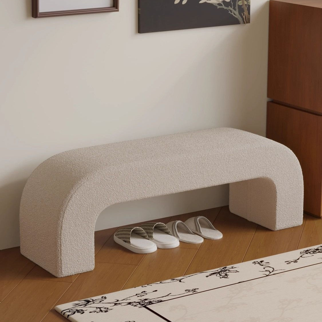 Sleek Modern Minimalist Wood, Lambswool & PU Leather Rectangular Bench for Entryway & Living Room