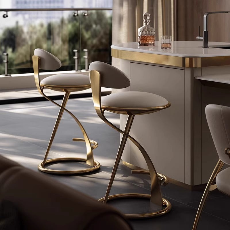 Luxurious Modern Round Bar Stool in Microfiber Leather & Stainless Steel with Backrest and Footrest for Kitchen & Bar