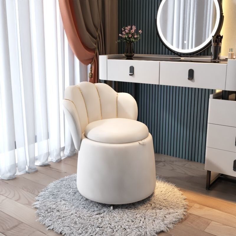 Nordic Contemporary Velvet Wood Vanity Stool with Round Petal-Back, Storage and Backrest – Ideal Bedroom Seating