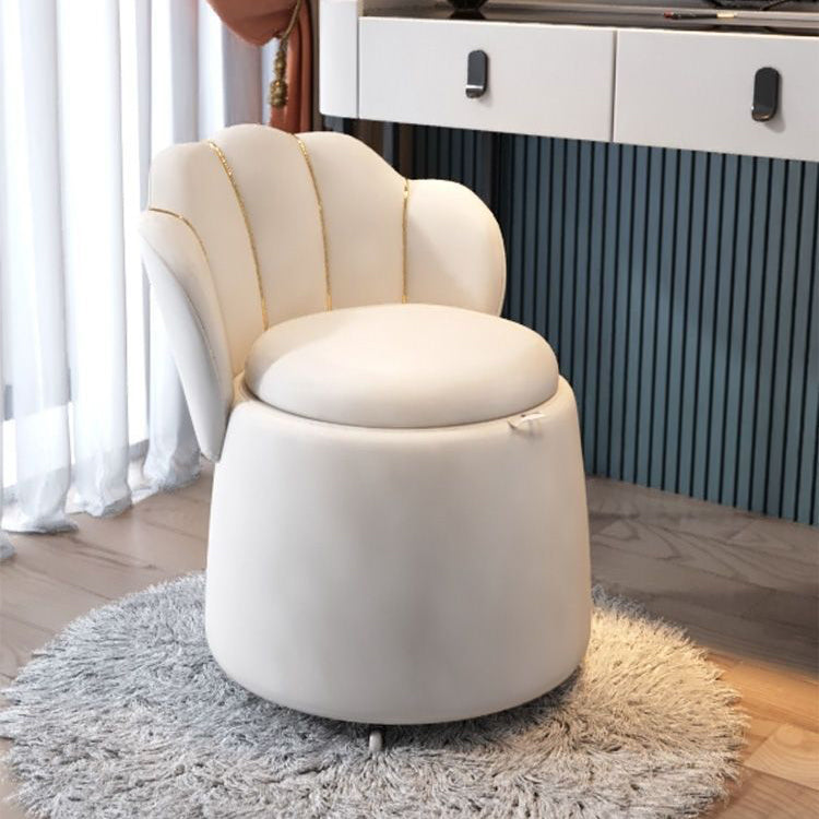 Nordic Contemporary Velvet Wood Vanity Stool with Round Petal-Back, Storage and Backrest – Ideal Bedroom Seating