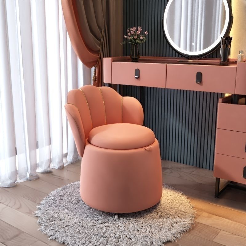 Nordic Contemporary Velvet Wood Vanity Stool with Round Petal-Back, Storage and Backrest – Ideal Bedroom Seating